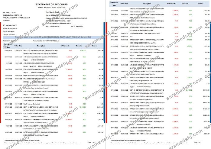 India HDFC bank statement 5 pages
